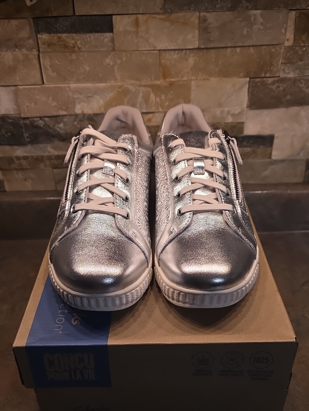 Clarks Women's Metallic Silver Lace-Up Sneakers with Side Zip